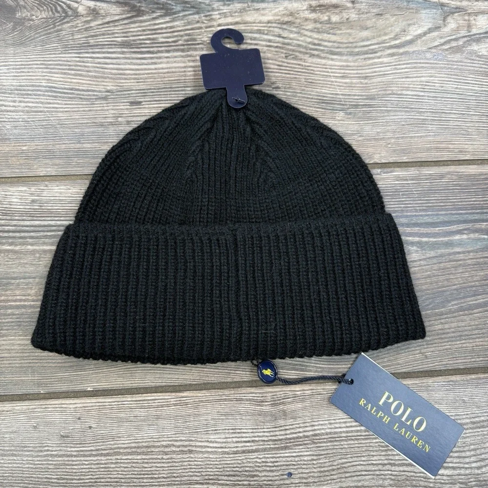 Polo Ralph Lauren Multi Patch Script Logo Black Knit Beanie Hat Black‎ Cap NWT